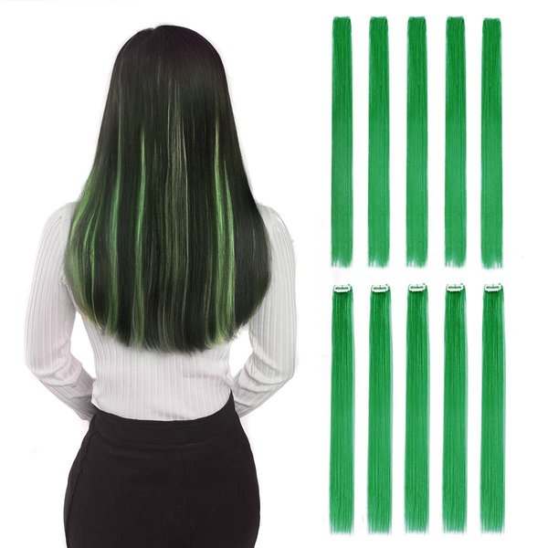 Colored Clip in Hair Extensions 22" 10pcs Straight Fashion Hairpieces for Party Highlights Green