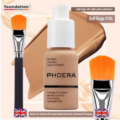 Glamza Phoera Foundation Set with Makeup Brush - Matte Cream Foundation Kit with 104 (Buff Beige) Shade & Applicator - Full Coverage Concealer - 24hr Oil Control - 30ml