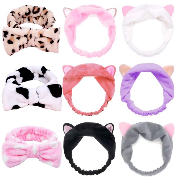 Coolbee 9 Pack Facial Bow Hair Band Cat Ear Hairband Bowknot Makeup Hairbands Beauty Spa Headbands for Women Girls Running Sport Washing Face Shower Spa Mask