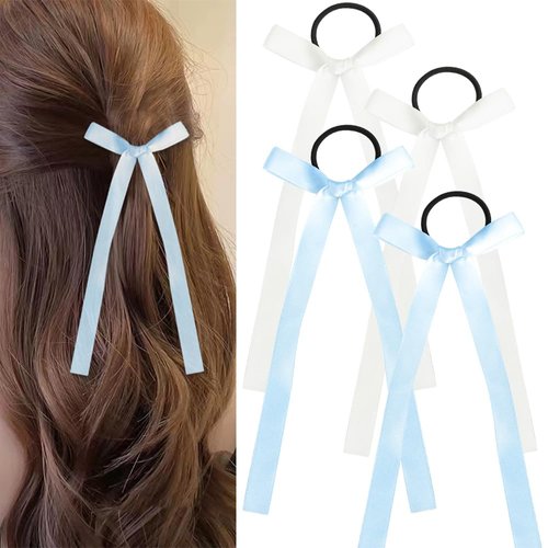 Ribbon Hair Ties for Women Girls Bow Hair Ties for Teen Girls Tassel Ribbon Bowknot with Long Tail Bowknot Ties for Girls Long Hair Ribbon for Teen Girls 4 PCS French Hair Accessories for Women Girls