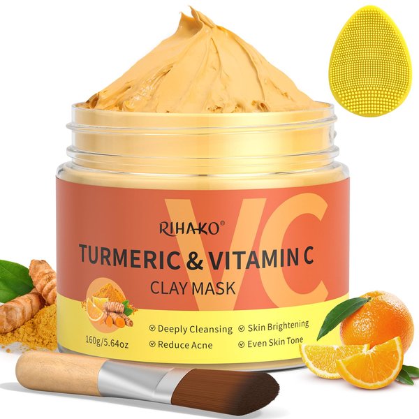 RIHAKO Turmeric Vitamin C Clay Mask -Turmeric Facial Mask - Clay Face Mask Skincare, Deep Cleansing Face Mask, Acne Face Mask for Dark Spots, Dull Skin, Refining Pores and Controlling Oil