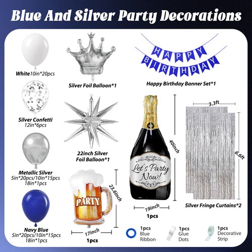 Blue and Silver Birthday Party Decorations, Blue Silver White Foil Balloons Happy Birthday Banner Fringe Curtains for 16th 18th 21st 24th 32th 40th 50th 60th Birthday Decorations for Men