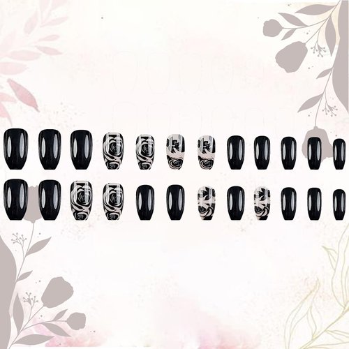 24Pcs Black Press on Nails Short Square Fake Nails Black Rose Acrylic Glue on Nails Full Cover Glossy Nails Press ons Short Stick on Nails Summer Artificial Nails for Women Girls