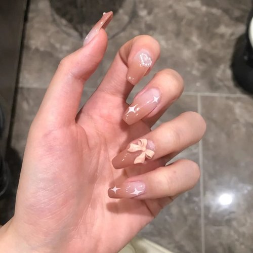 MISUD 24Pcs Medium Press on Nails, Glossy 3D Bow & Pearl Fake Nails, Glossy Glue on Nails, Coffin False Nails, Full Cover Ballerina Pink Acrylic Nails for Daily Use (with Glue)