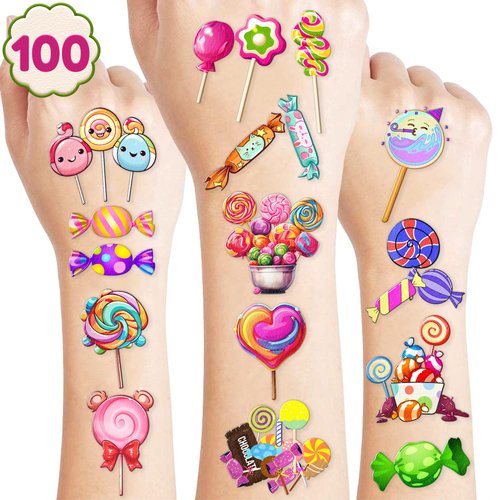 Lollipop Temporary Tattoos Candyland Party Decorations Favors Supplies Candy Themed Cute Stickers 10 Sheets 100 PCS Gifts for Baby Girls Boys Class School Carnival