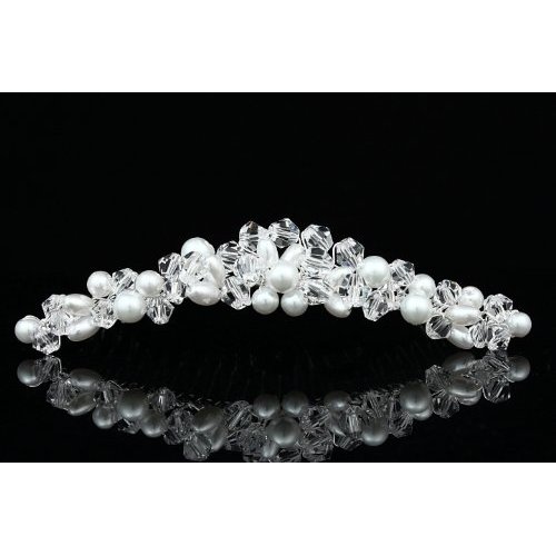 Handmade Faux Pearl Crystal Bead Cluster Bridal Wedding Tiara Comb - Silver Plated FC039