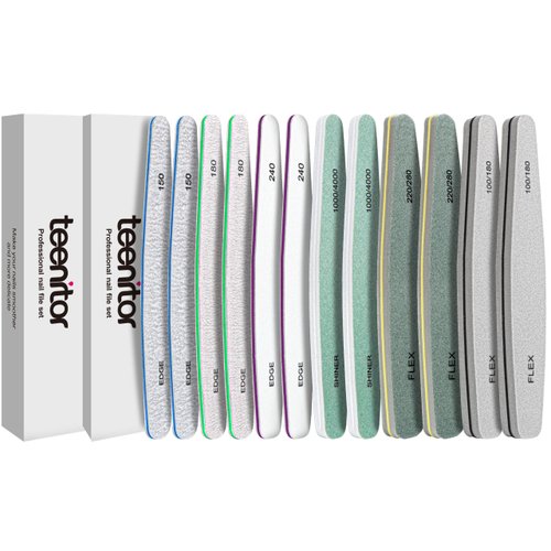 Teenitor 12pcs Nail File and Nail Buffer Block Set, 100/180 Grit Nail Files for Natural Nails, Emery Boards for Nails Fingernail Files for Women, Nail Buffer and Shine Kit, Nail Files and Buffers