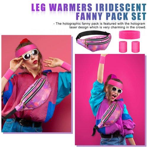 SATINIOR 80s Women Neon Leg Warmers Set Holographic Fanny Pack Knit Leg Warmers Headband Wristbands for Yoga Running Hiking (Pink, Rose Red)