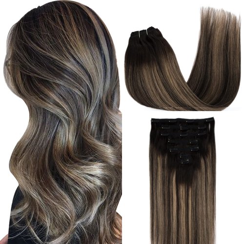 LIZ Hair Extensions for Short Hair, Ombre Natural Black to Honey Ash Blonde Real Hair Extensions Clip in Human Hair 14Inch 120g 7pcs for Woman Straight Hair Extensions Human Hair