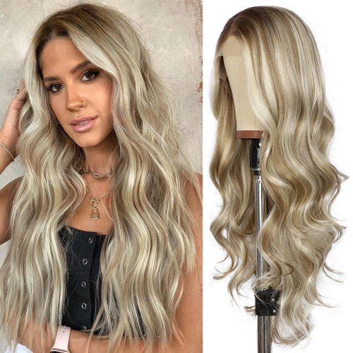 SAPPHIREWIGS Blonde Synthetic Lace Front Wig Ash Blonde Highlight Loose Body Wave Wig Glueless Lace front Wigs for Women Pre Plucked Hairline Heat Resistant Wig for Daily Party Wigs 26inch