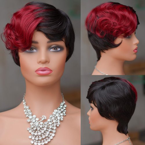 TSHELOVE Pixie Cut Wig Human Hair for Black Women T1B/99J Burgundy Short Wigs Human Hair Curly Glueless Wig with Bangs Brazilian Real Human Hair Layered Haircut Wigs Full Machine Made Wig (T1B/99J)