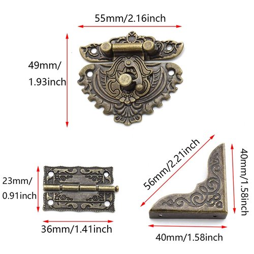 SDTC Tech Antique Engraved Latch Hasp Hinges and Box Corner Protectors Hardware Kit for Jewelry Box Decoration and Repair