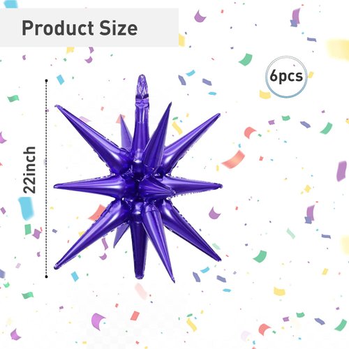 6 Pcs Purple Star Foil Balloons One-Piece 14-Pointed Star Balloons 4D Starburst Cone Mylar Balloons 22inch Christmas Birthday Wedding Wedding Anniversary Party Supplies(Purple)