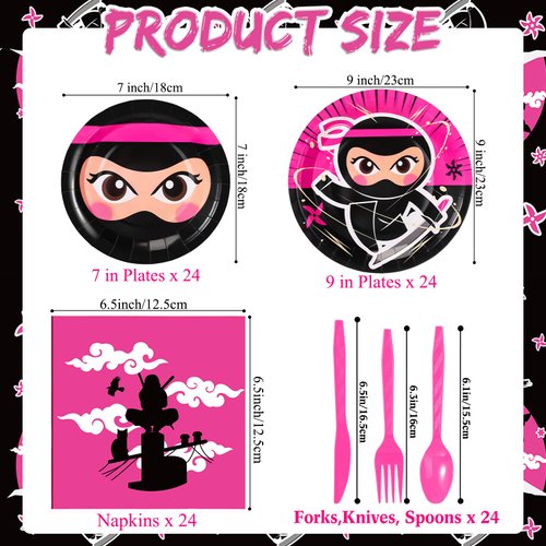 Gejoy 96 Pcs Ninja Birthday Party Supplies Decorations Tableware Kit Include Plates Knives Forks Spoons Napkins for Boy Girls Birthday Party Favors Serve 24 Guests(Girl Style)