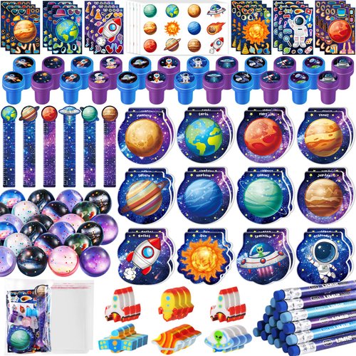 BenLouis 216Pcs Outer Space Themed Party Favors Space Alien Sticker Stampers School Stationery Set Bulk Classroom Prizes for Astronaut Planet Birthday Party Goodie Bags Fillers