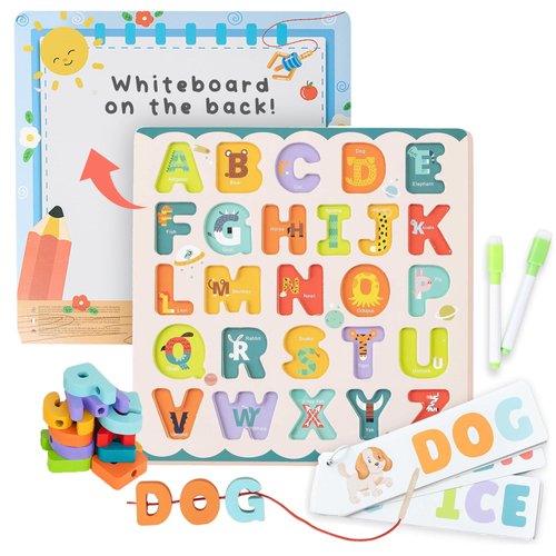 Alphabet Puzzle Wooden Puzzles for Toddlers 3 4 5 6 Year Old ABC Learning Toys for Kids with Flashcards and Whiteboard Preschool Educational for Girls Boys
