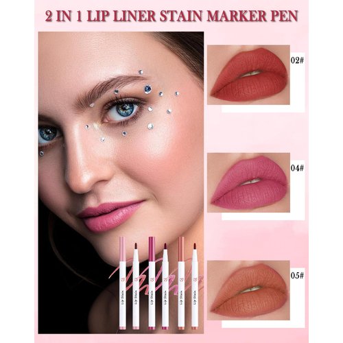 Lip Stain Marker Pen-3Pcs Hydrating Lip Tint Stain Lip Liner Tattoo Pencil,Matte Color Look,Longlasting Waterproof Non-stick Lipstain Lipgloss,Precise Chisel Tip Smooth,Makeup Set for Women-02+04+05