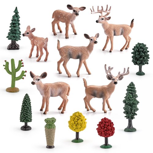 14PCS Deer Figurines Toys Woodland Animals Toy Playset Toy Trees Toys Plastic Play Trees Christmas Scene Decoration Cake Tooper Decoration