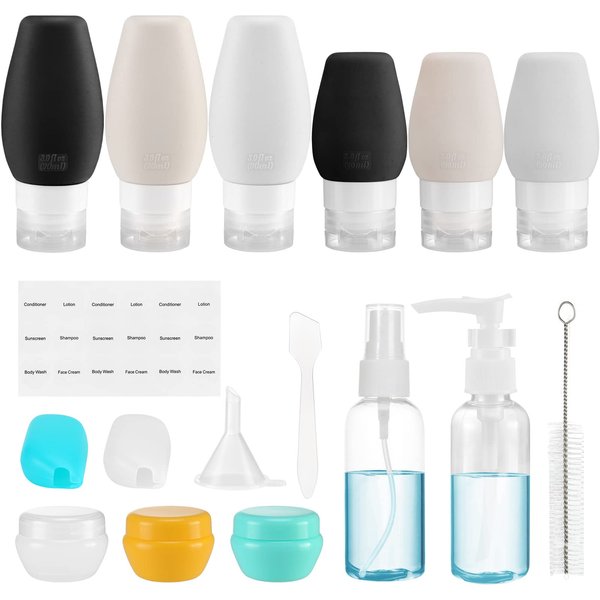 Beveetio 18 Pack Travel Bottles TSA Approved Containers,3oz + 2oz Leak Proof Travel Accessories Toiletries,BPA Free Silicone Squeezable Travel Tubes for Cosmetic Shampoo Conditioner Lotion Soap