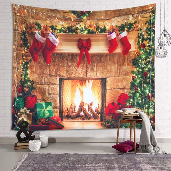 Sevendec Christmas Tapestry Fireplace Xmas Wall Tapestry Tree Stocking Gift Box Tapestry Wall Hanging for Party Livingroom Bedroom Dorm Home Decor W59 x L51