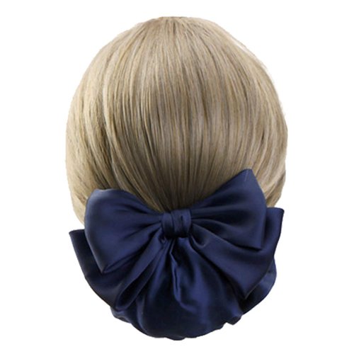 Women's Professional Ribbon Hair Clip with Black or Navy Chignon Cover, Barrette Net Bow-knot Decor