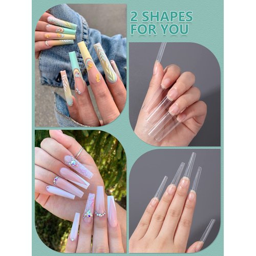 480PCS XL Long Clear Nail Tips, 240PCS Coffin Nails Tips with 240PCS NO C Curve Square Nail Tips for Acrylic Nails Professional, Half Cover Straight Ballerina Nail Extension Tips for Nail Salons Home