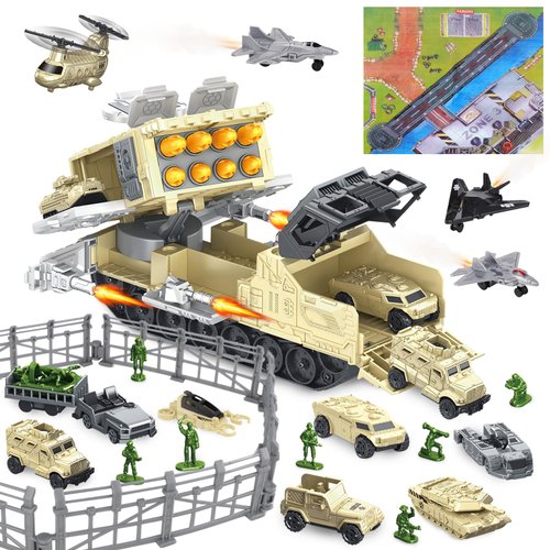 deAO Army Tank Toys for Boys, Military Vehicles Set with Rotating Turret 13 Military Vehicles Airplane Bullets Maps and Weapon Gear Accessories, Army Men Toy Soldiers Action Figures Gift for Kids