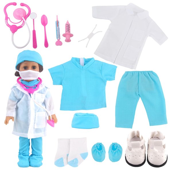 MSYO 18 Inch Doll Doctor Outfits and Medical Kit for American Dolls, Includes White Coat, Blue Scrubs, Shoes, Socks, Hat and Face Mask, Surgical Gown and Tools Playset for 18 in Girl Dolls