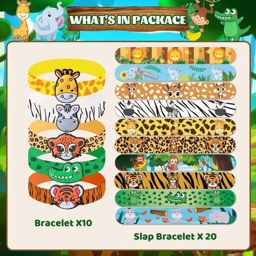 XIPEGPA 30 PCS Jungle Safari Party Favors Wild Animals Slap Bracelets Silicone Wristband for Animal Theme Party Favors Jungle Safari Birthday Party Supplies(Animal)