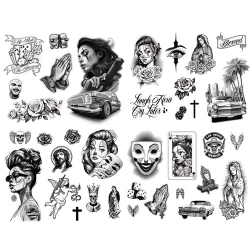 Los Vatos Chicano Vol. II - Cholo Chola Temporary Tattoos For Men Women, Payasa, Lowrider, Virgin Mary, Prayer, Cross, Chicana, Gangster, Fake Tattoo, Día de Muertos, Tatuajes Temporales