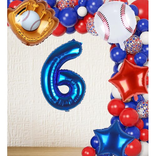 Kwuz Baseball Balloons 6th Birthday Decorations for Boys | Baseball Birthday Decoration Sports Theme Party Supplies, 32Inch Foil Mylar Number 6 Balloon Navy Blue Red White Sports Balloon Arch Kits