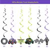 20Pcs Monster Truck Hanging Swirls Set, Wheel Tire Birthday Hanging Streamers Whirl, Green and Purple Racing Car Ceiling Hanging Decor for Monster Jam Theme Birthday, Monster Truck Theme Party