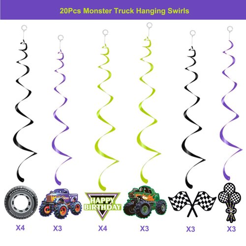 20Pcs Monster Truck Hanging Swirls Set, Wheel Tire Birthday Hanging Streamers Whirl, Green and Purple Racing Car Ceiling Hanging Decor for Monster Jam Theme Birthday, Monster Truck Theme Party