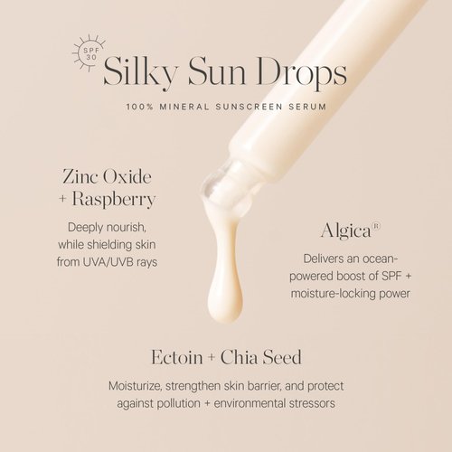 KORA Organics Silky Sun Drops, SPF 30 Mineral Sunscreen Serum, Skin Barrier Repair, Certified Organic, Cruelty Free, 1.01 oz