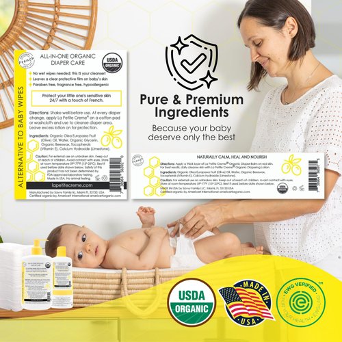 La Petite Creme Premium French Diapering Gift Set: Includes Organic Diapering Lotion (8 oz), Travel-size Liniment Baby Lotion (2 oz), 1 Travel-size Diaper Balm (1 oz), 50 Disposable Cotton Pads