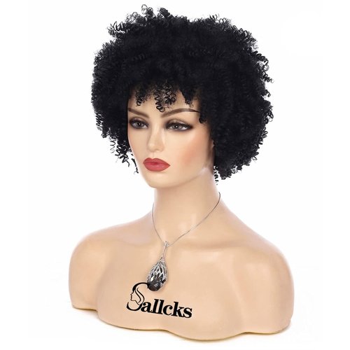 Sallcks Short Black Kinky Afro Wig for Black Women Short Curly Afro Wigs Natural Synthetic Curly Cosplay Costume Wigs with Wig Cap