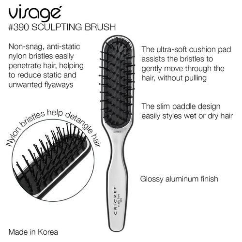 Cricket Visage 390 Sculpting Hair Brush for Styling, Detangling, Blow Drying and Finishing All Hair Types, Anti-static, Nylon Bristles, Aluminum Finished Handle, Made in Korea