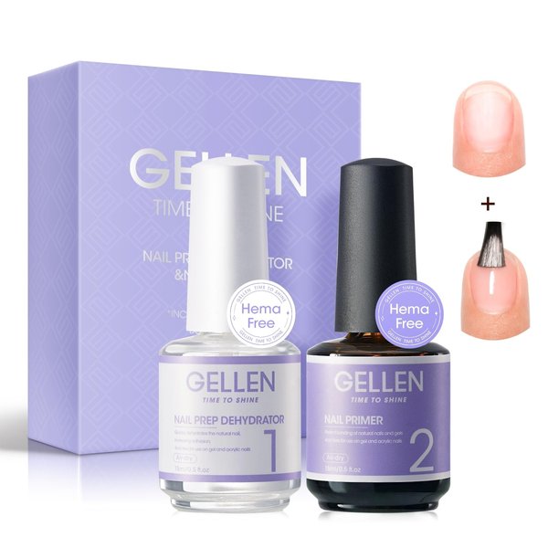 Gellen Nail Dehydrator and Primer, Hema-free & Acid-Free Nail Prep Dehydrate and Bond Primer for Long-lasting Acrylic Powder UV Gel Polish Press-on Nails Adhesion Fast Air Dry Nail Art Must Have Kit
