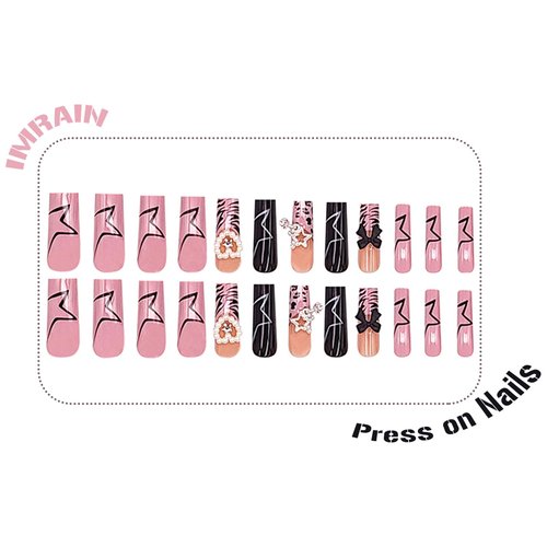 IMRAIN Long Press on Nails Square Pink French Tips Fake Nails with Star Charms & Heart Pearl Designs Glossy Glue on Acrylic Nails Full Cover Black Squoval Y2K False Nails for Women Girls 24Pcs