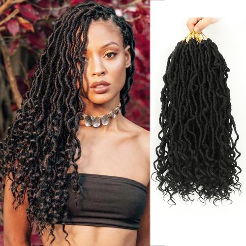 Goddess Locs Crochet Hair With Curly Ends 14 Inch 8 Packs Pre-Looped Boho Faux Locs Crochet Braids Soft Distressed Locs Synthetic Hair Extensions For Black Women(14inch,1B)