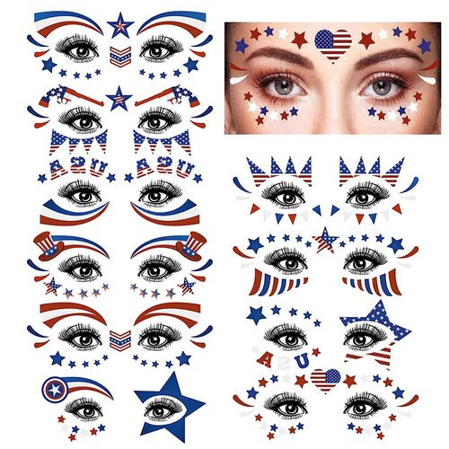 10 Sets 4th of July Temporary Tattoos Stickers Independence Day Face Eye Tattoo Sticker Waterproo...