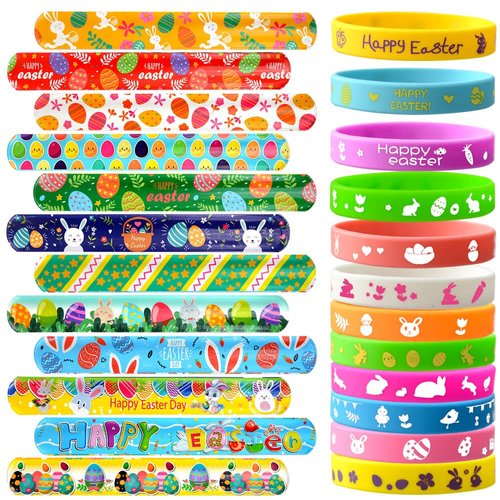 VKTEN 48Pcs Easter Party Favors Easter Slap Bracelets Rubber Wristbands Assorted Easter Egg Fillers Gifts for Kids Girls Boys Easter Basket Stuffers