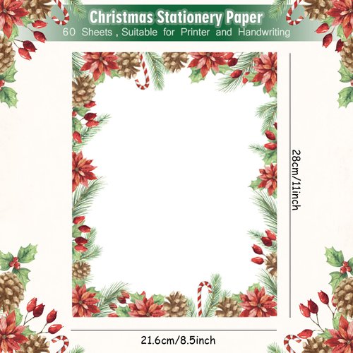 AnyDesign 60Pcs Christmas Stationery Paper 4 Design Christmas Green Plants Border Letterhead Winter Decorative Writing Paper for Xmas Notes Greeting Cards Invitation Office School Printing, 8.5 x 11"