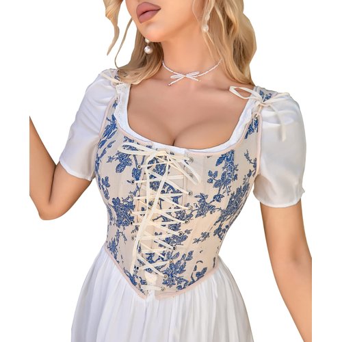 Alivila.Y Fashion Womens Sexy Vintage 1920s Renaissance Lace Trim Corset Bustier 22028-Bluewhite-S