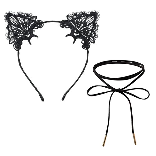 DUOJINSANXI Lace Cat Ears Headband, Black Cat Ears Halloween, Cute ​Ear Headbands Headpiece, Hair Band Accessories for Women Girls Birthday Party Christmas (Black)