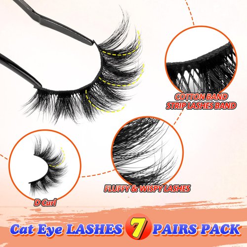 False Lashes Wispy False Eyelashes Fluffy Lashes Natural Look Cat Eye Lashes Gorgeous Soft Fake Eyelashes 7 Pairs Lashes Pack