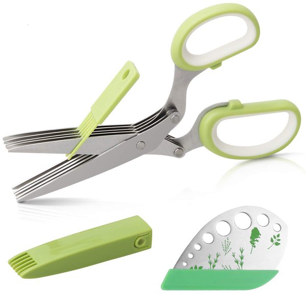 Herb Scissors Herb Stripper Set, Luxiv Stainless Steel Herb Cutter Tools 5-Blades Scissors with Herb Stripping Tool, Safe Cover, Cleaning Comb Multi-blade Herb Shears 2 IN 1 Herb Tools Kits (Green)