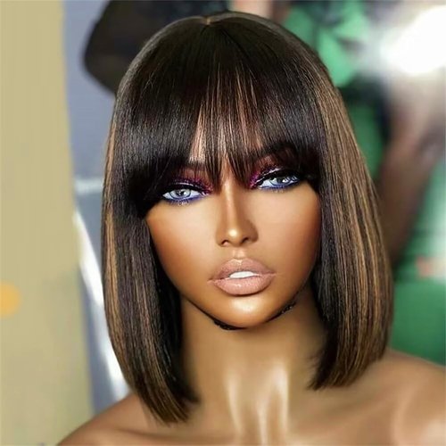 Rina 1B/30 Ombre Light Brown Highlights Bob Wig with Bangs Human Hair 200% Density 4X1 HD Lace Straight Bob Wig Full and Beautiful Wear and Go Machine Made Colored Bob Wigs for Women 10 Inch