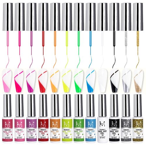 Fcozpjk Nail Art Liner Gel Polish Set, 12 Colors Gel Polish Kit, Neon Pink Green Painting Gel With thin Brush, Soak off Black White Drawing Gel for French Tips, Wave Swirls Nail Design Gel