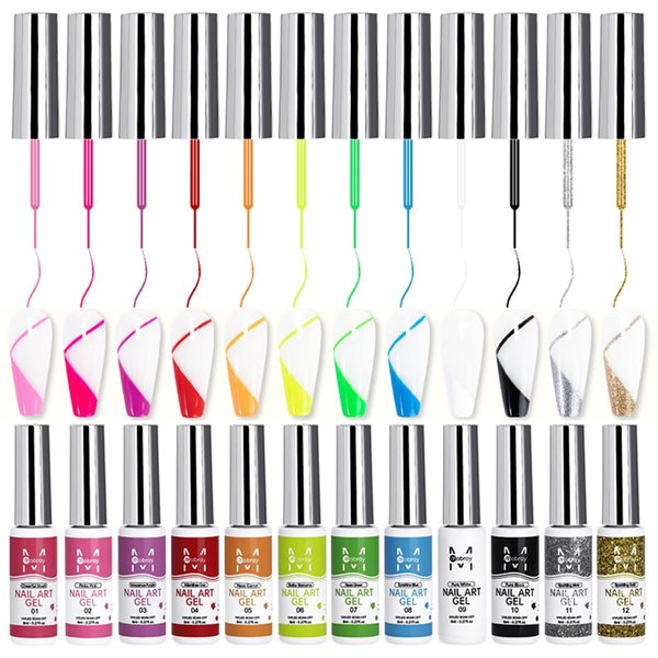 Fcozpjk Nail Art Liner Gel Polish Set, 12 Colors Gel Polish Kit, Neon Pink Green Painting Gel With thin Brush, Soak off Black White Drawing Gel for French Tips, Wave Swirls Nail Design Gel
